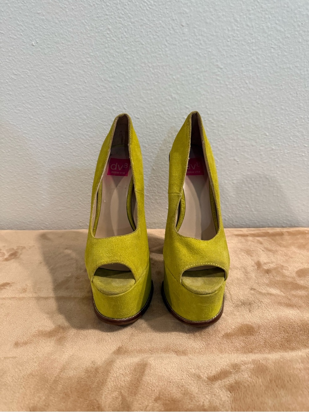 DV by Dolce Vita Chartreuse Suede Peep-Toe Platform Heels